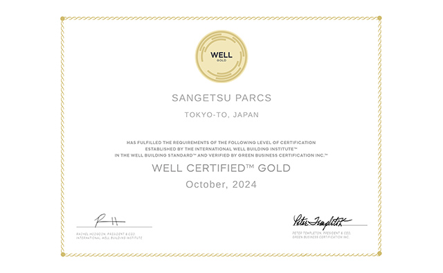 The PARCs Sangetsu Group Creative Hub has received WELL Building StandardTM v2 Gold Rank Certification
